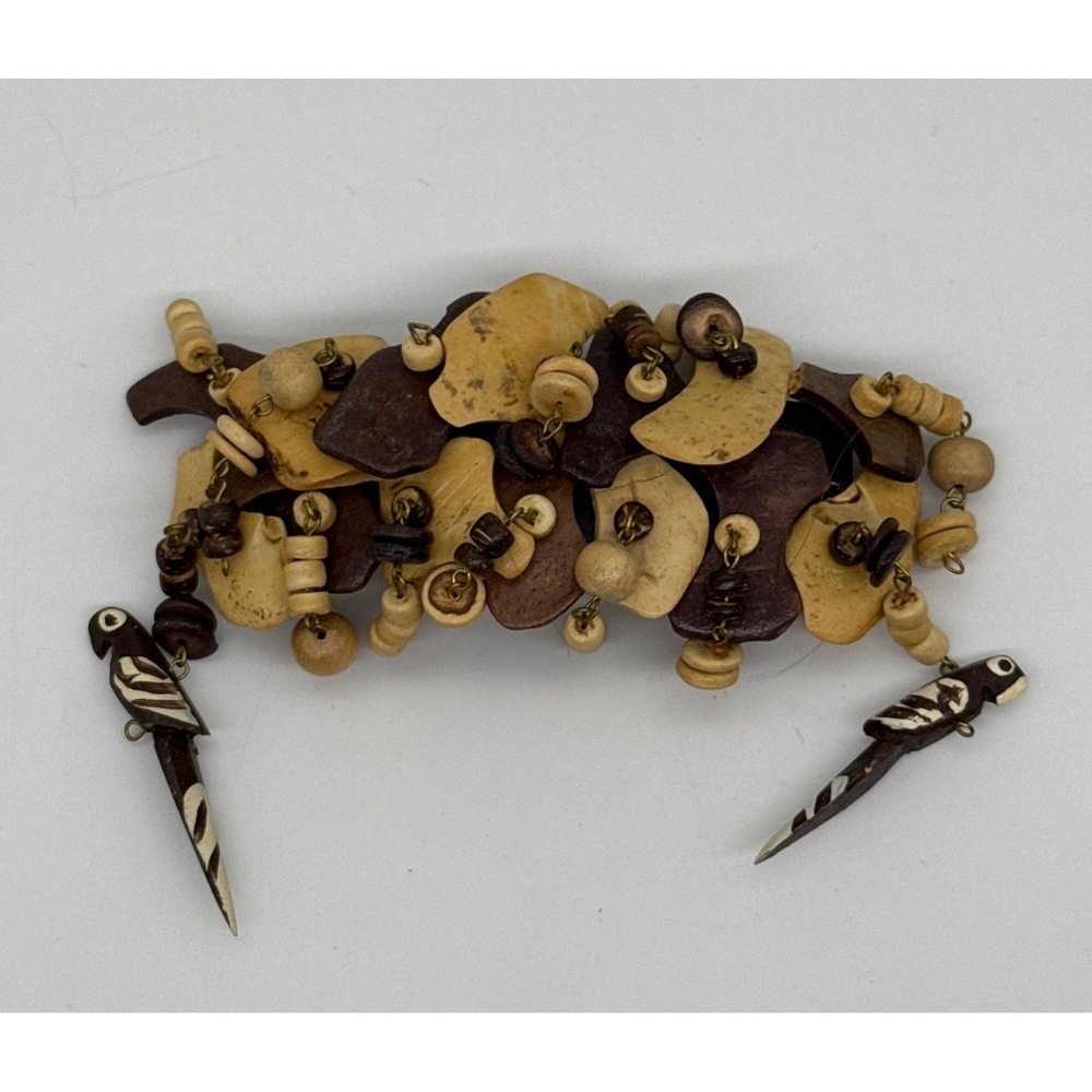 Vintage Tropical Wood Parrot‎ Barrette Beaded Bird Hair Clip Brown Cream Boho